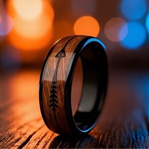 Men's 304 Stainless Steel Black and Brown Wood Inlay Arrow Ring 8 mm